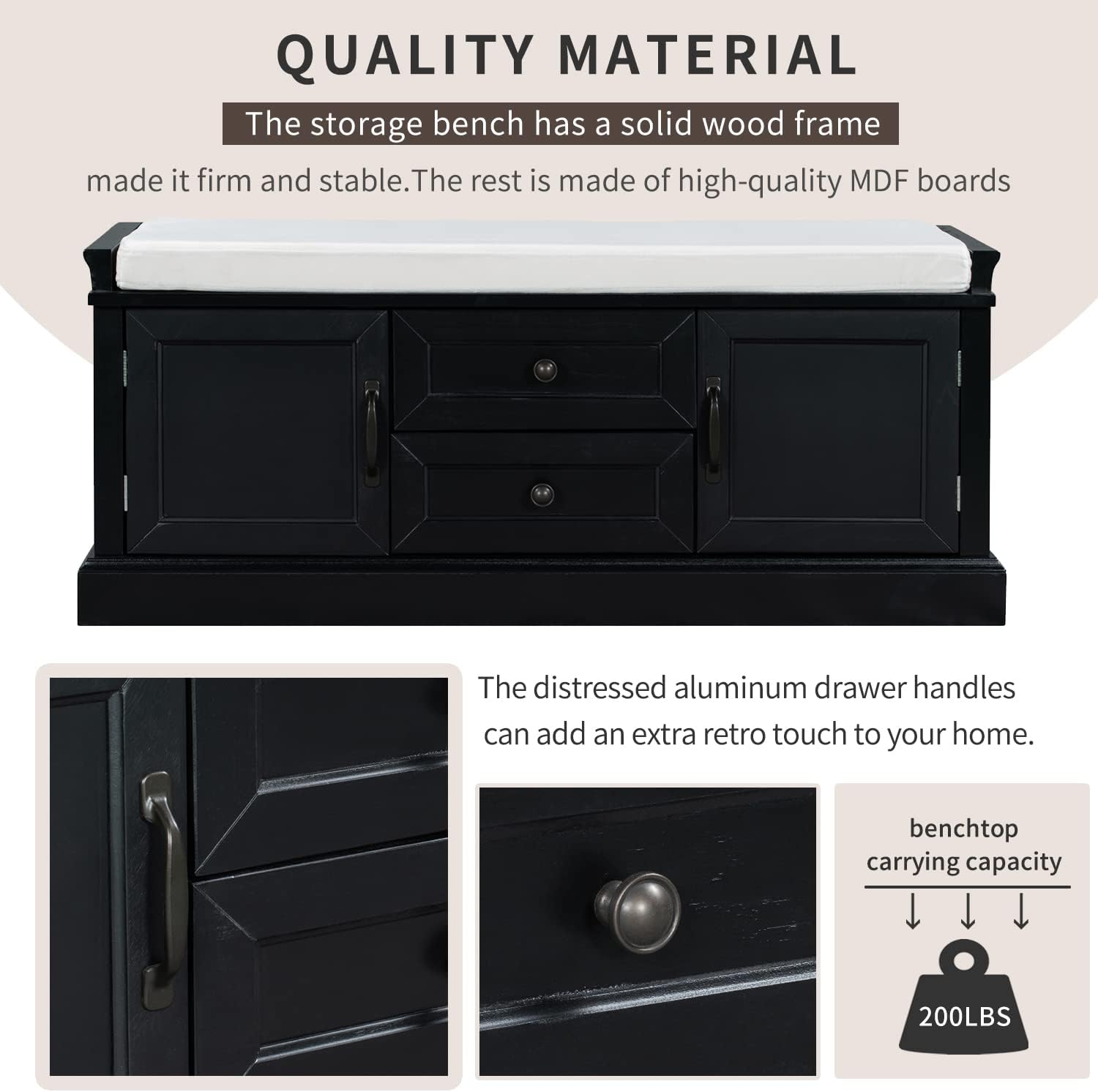 NicBex Storage Bench with 2 Drawers and 2 Cabinets Modern Seat Bench with Storage and Seating Bench,Shoe Storage Organizer with Removable Cushion for Living Room, Entryway, Black