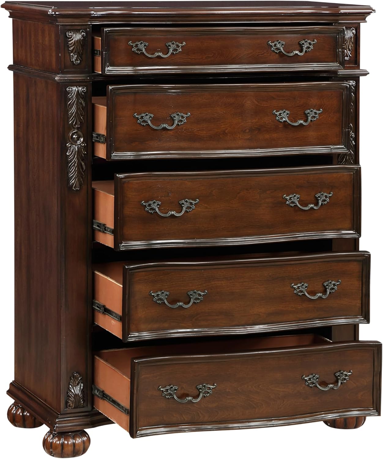 Classic Traditional 1pc Chest of 5 Drawers Cherry Finish Formal Bedroom Furniture Carving Wood Design