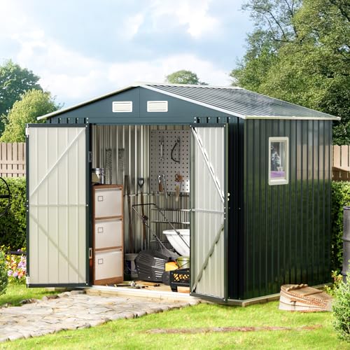 10X12X7.5 FT Outdoor Steel Storage Shed with Lockable Doors, 2 Windows, Transparent Roof Panels (Wood Panels & Frame Floor Not Included), Ideal for Patio Storage,Garbage Can, Chicken Coop，Brown