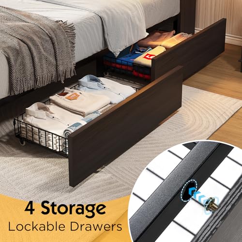 Full Farmhouse Bed Frame with Bookcase Headboard and 4 Drawers, LED Storage Bed with Charging Station & Linen Upholstered, No Box Spring Needed, Black