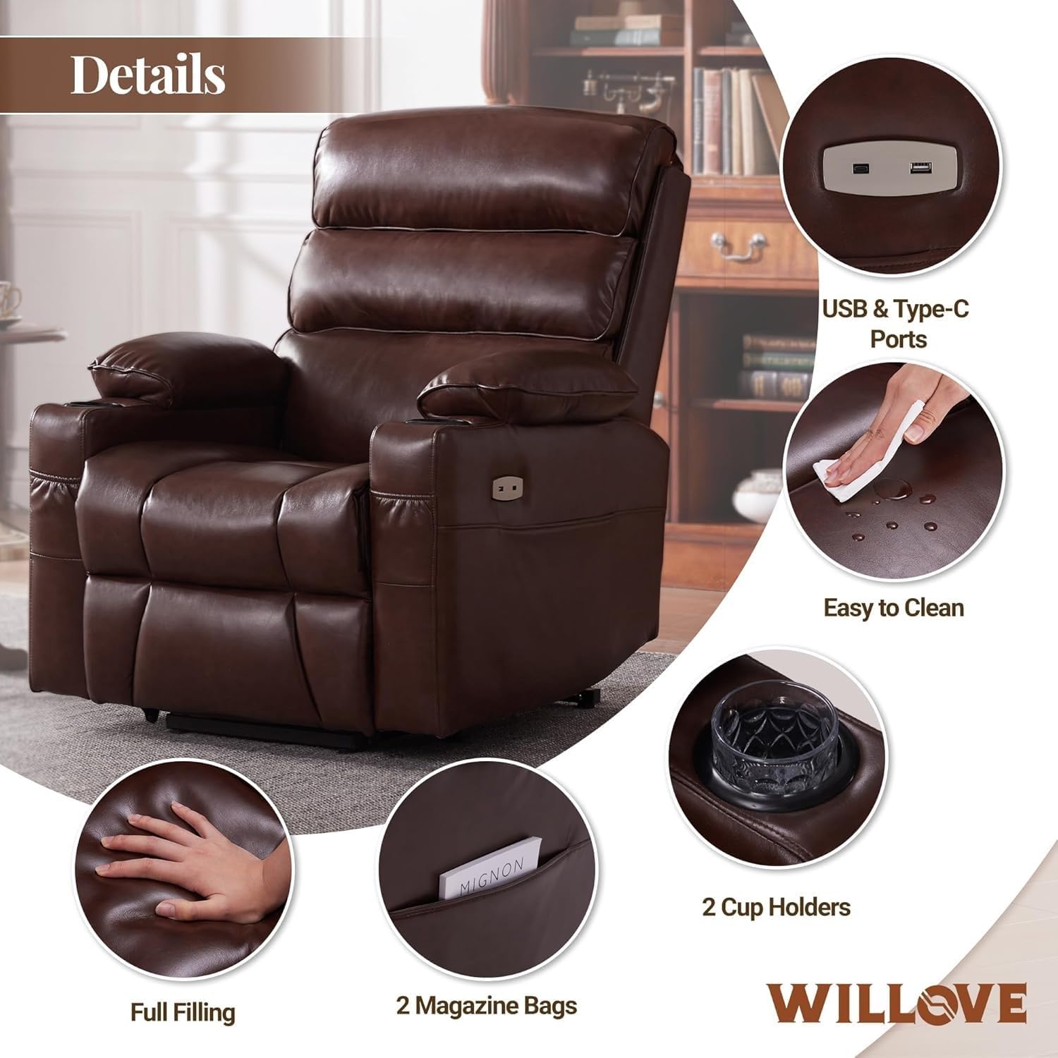 Leather Power Lift Recliner Chair for Elderly with Massage and Heated, Electric Lift Chair for Seniors, Cup Holders, Side Pocket and USB Port