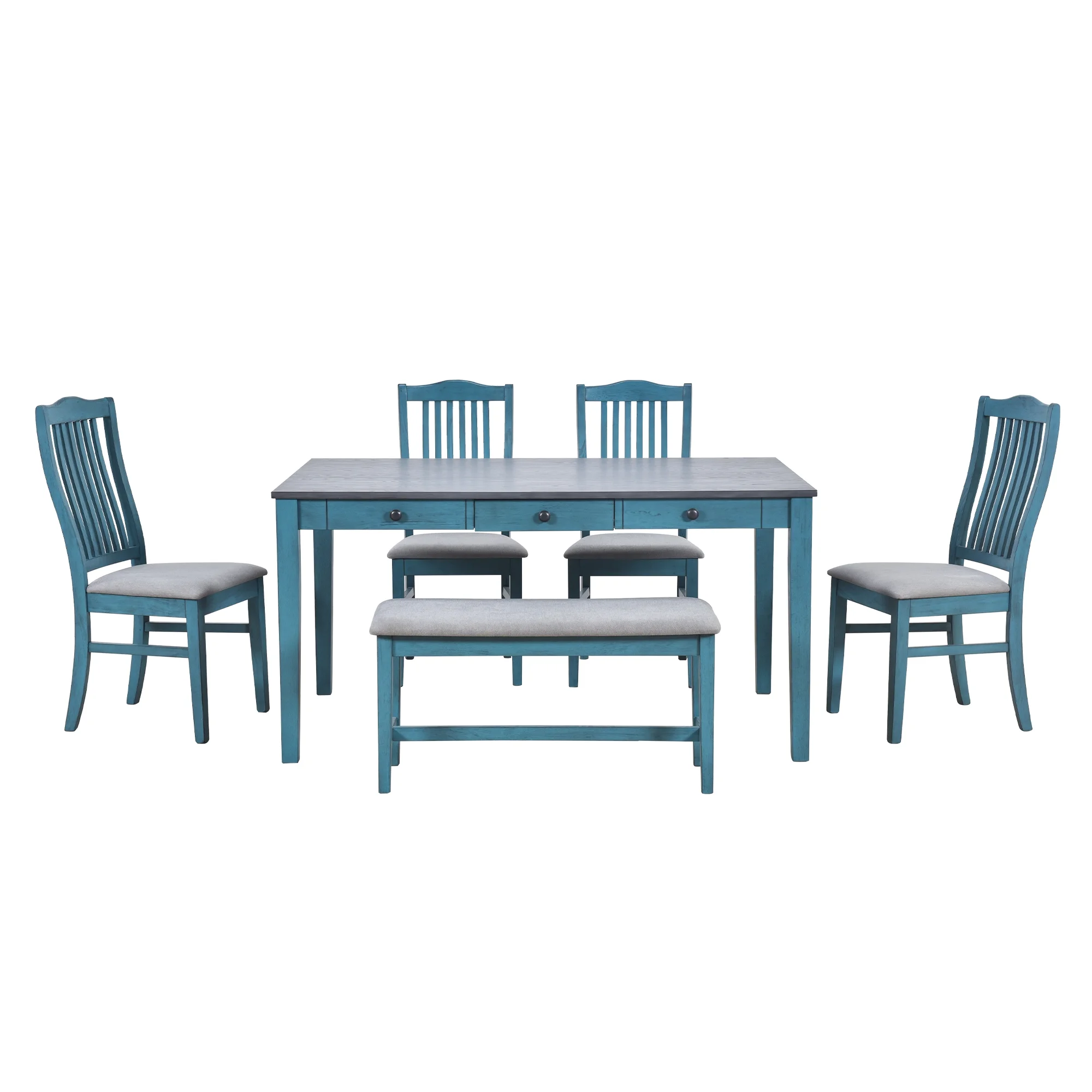 Churanty Farmhouse 6 Pieces Dining Table Set for 6,Rectangle Wood Kitchen Table with Drawer and 4 Upholstered Chairs and Bench,Antique Blue