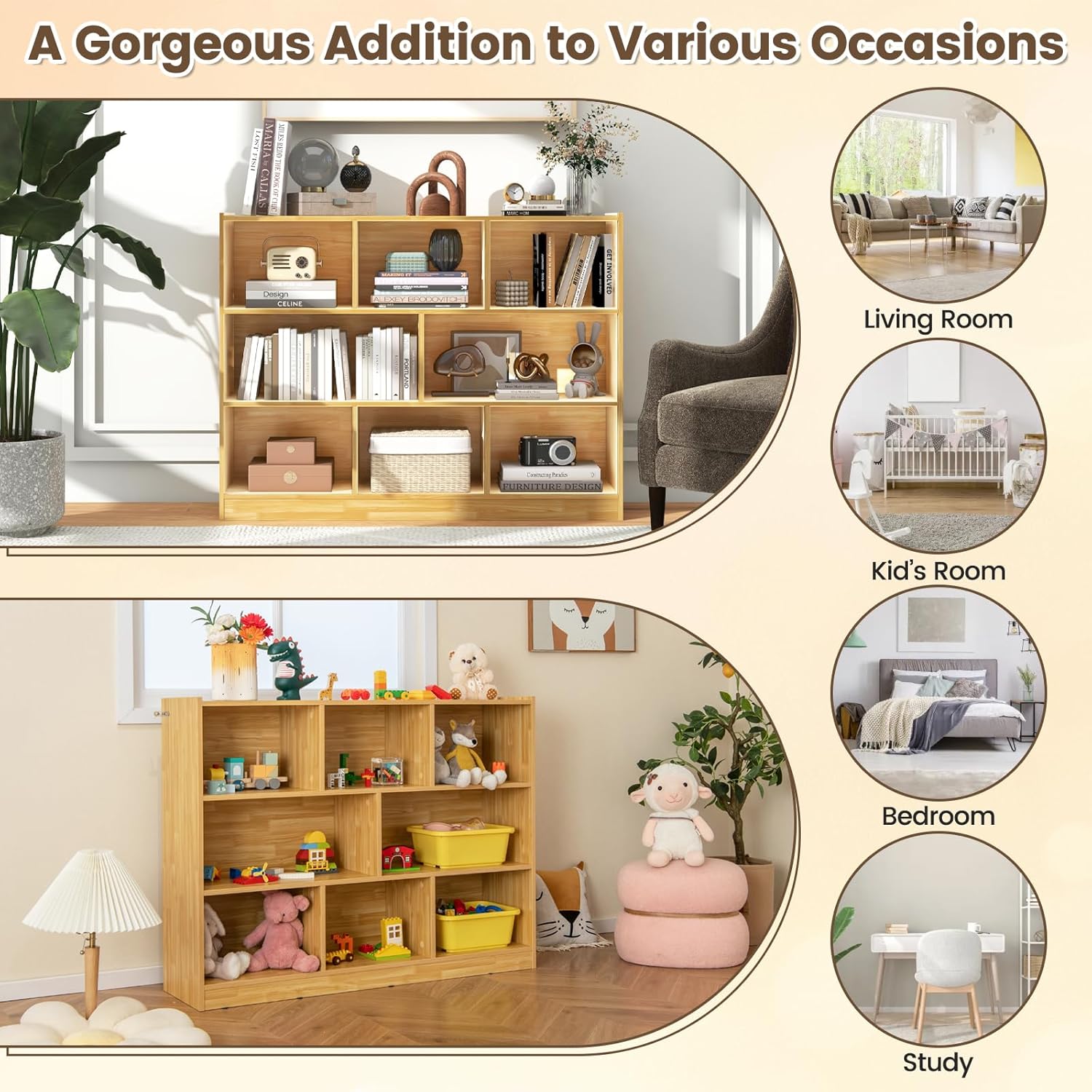 8 Cube Bookcase, 3-Tier Horizontal Bookshelf, Wooden Cube Storage Organizer for Home Office, Children's Rooms, Classroom, Under Winder Bookshelf (Yellow, 48” x 12.5” x 36.5”)