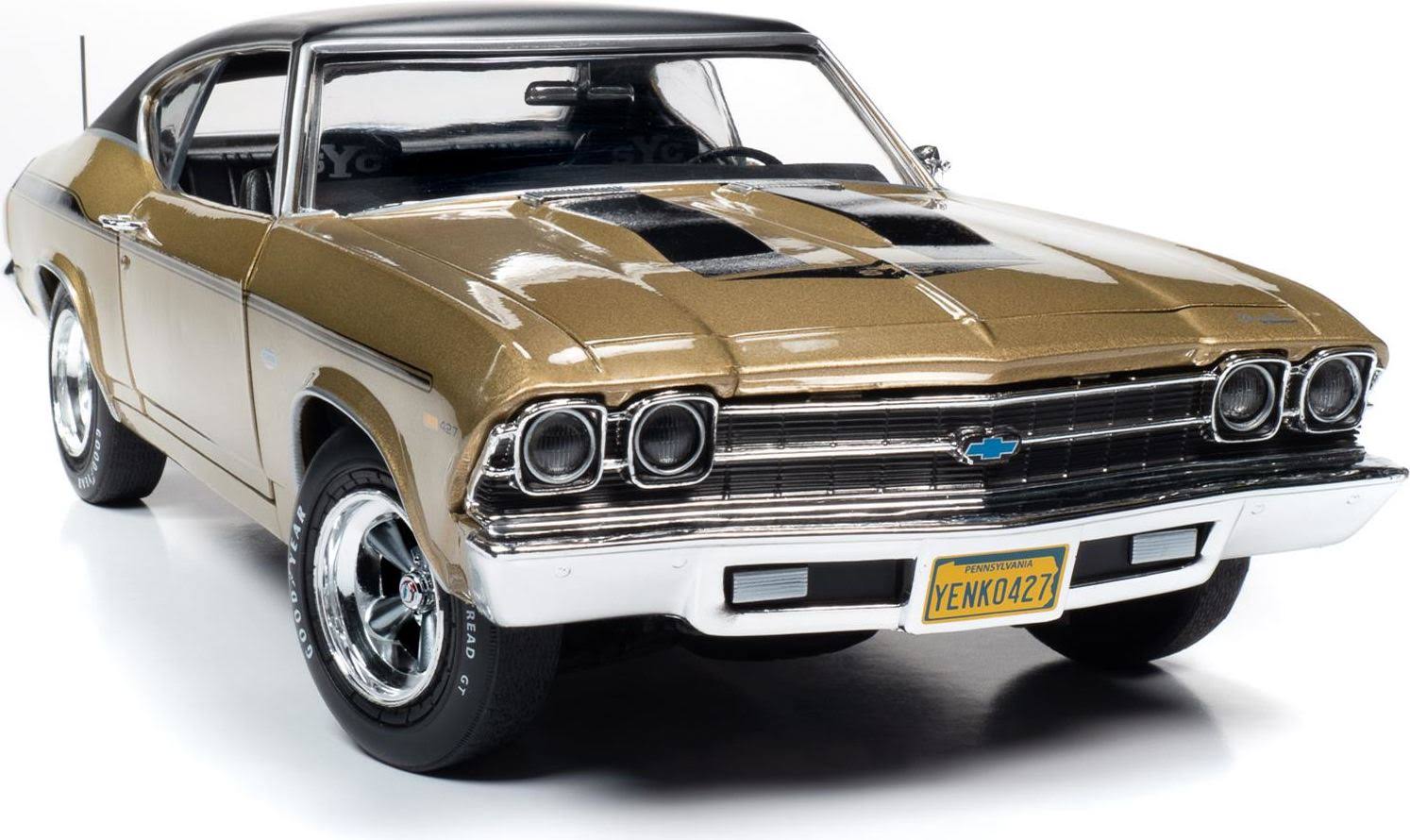 1969 Chevrolet Chevelle Yenko Hardtop Olympic Gold Metallic with Black Top and Black Stripes 1/18 Model Car by Autoworld