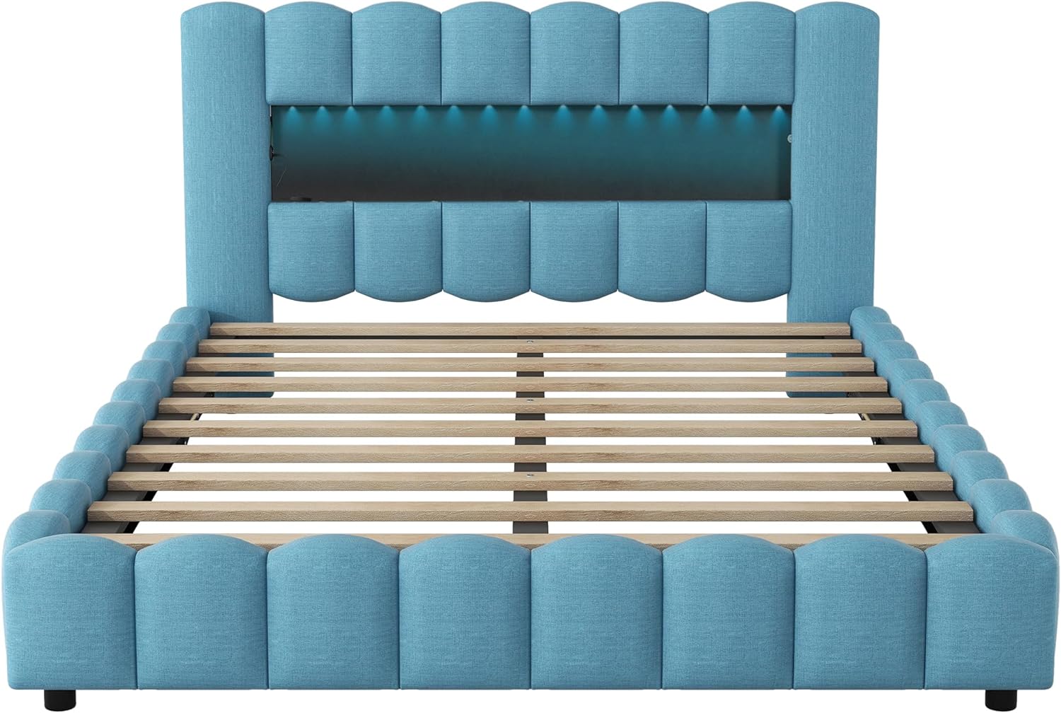 Quee Size Bed With Storage Udereath, Lift Up Storage Bed Frame With LED Headboard Ad USB, Upholstered Platform Bed, Mattress Foudatio, Wood Slat Support, o Box Sprig eeded, Lie Blue