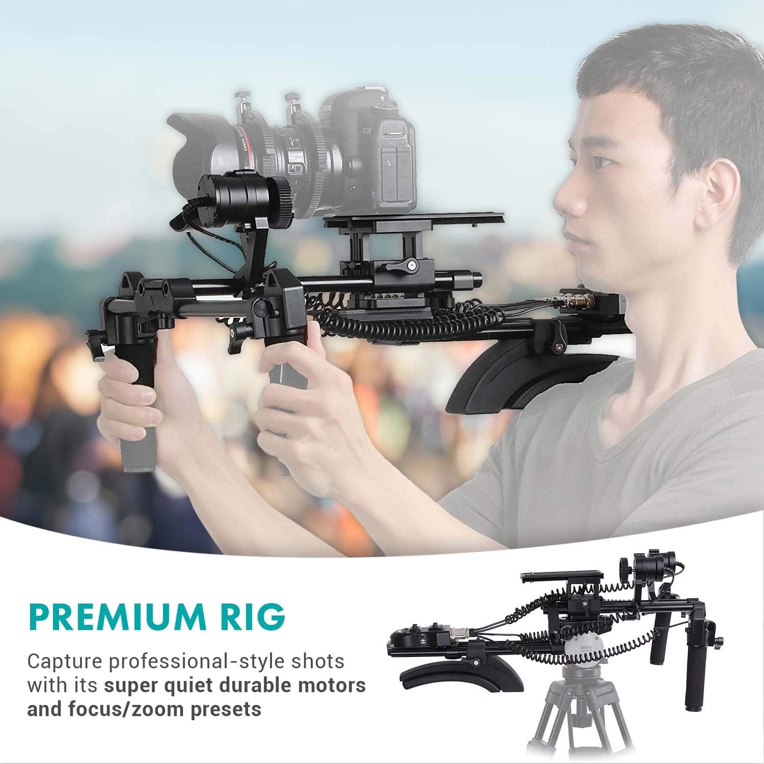 Movo/Sevenoak DSLR Shoulder Rig with Motorized Follow Focus and Zoom Control - Camera Shoulder Mount for DSLR Cameras
