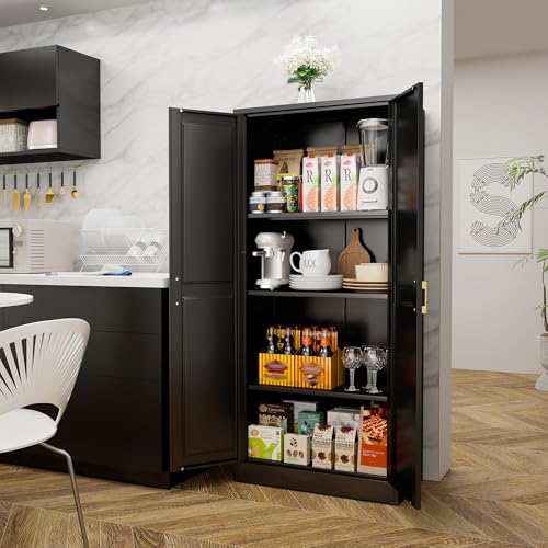 71" Tall Metal Storage Cabinet, Kitchen Pantry Storage Cabinets with Doors and 4 Shelves, White Pantry Cabinet, Utility Kitchen Cupboard, Large Steel Cabinets for Dining Room, Office, Living Room