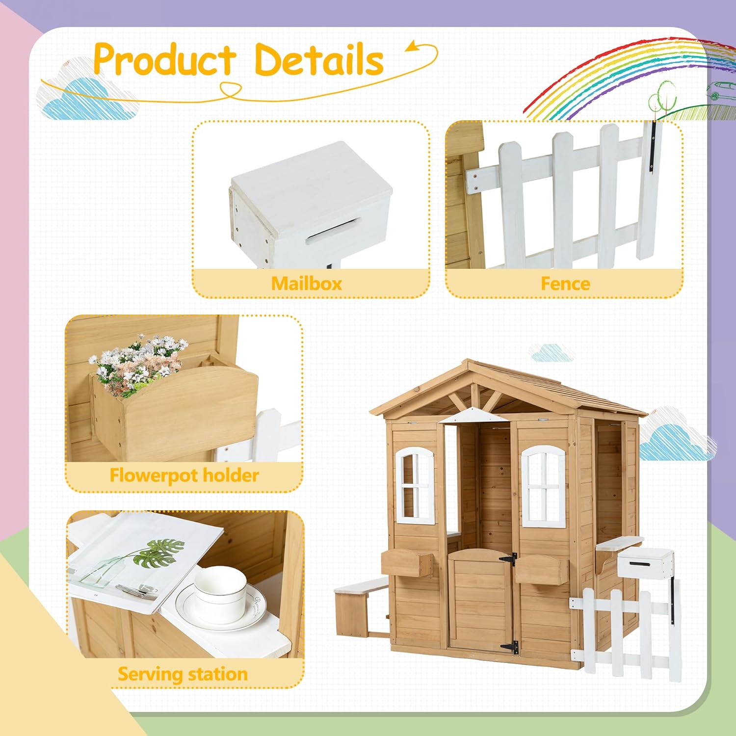 Wooden Playhouse for Kids, Outdoor Kids Playhouse with Working Door, Windows, Mailbox, Bench, Flowers Pot Holder, Playhouses for Kids Ages 4-8, 39" x 38" x 55.5"