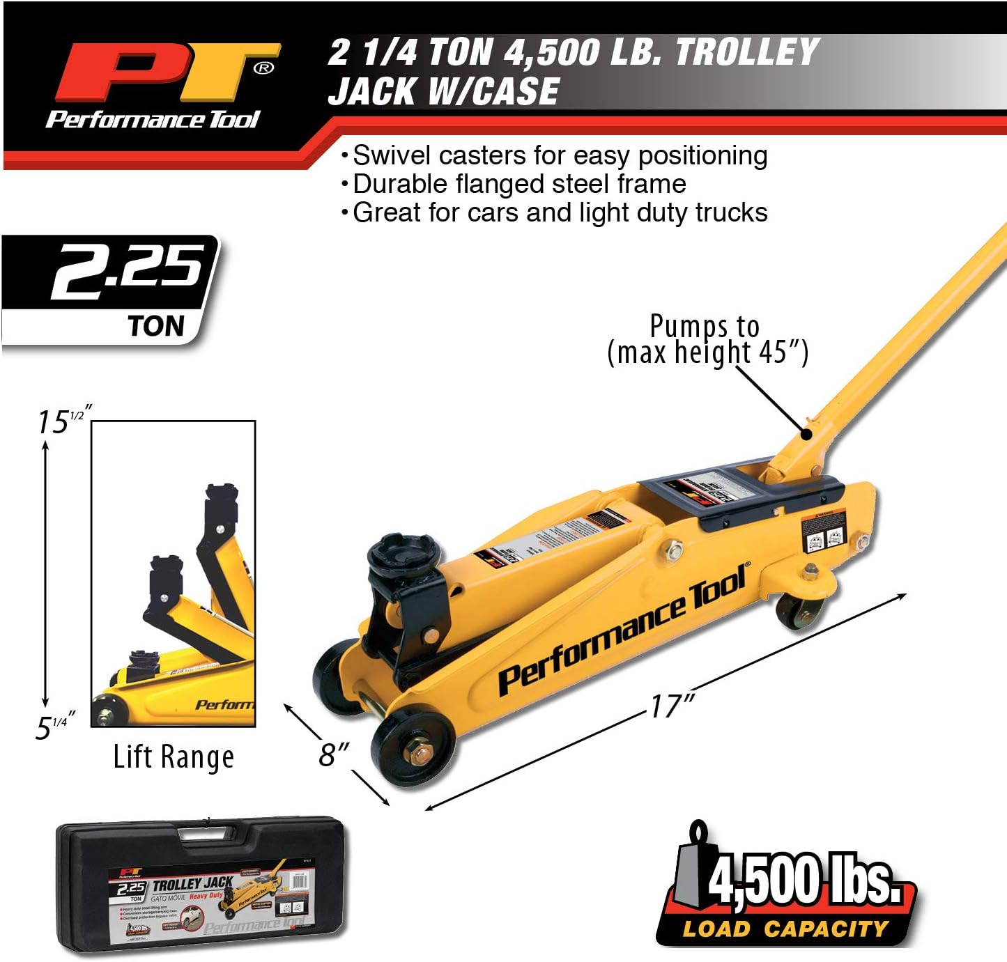 Performance Tool W1611 2.25 Ton (4,500 lbs.) Capacity Trolley Jack with Case
