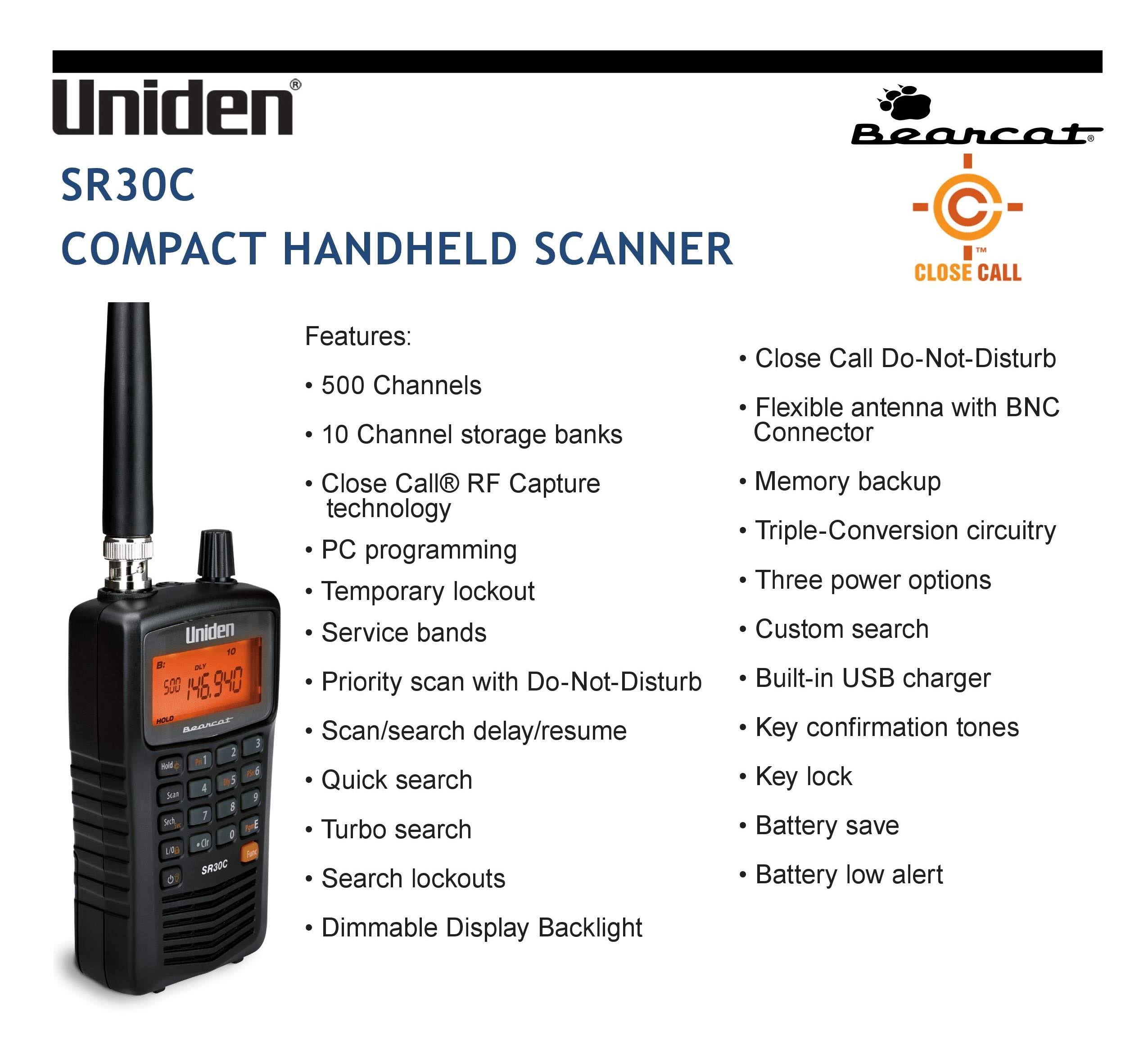 Uniden 500-Channel Compact Handheld Scanner Sr30c