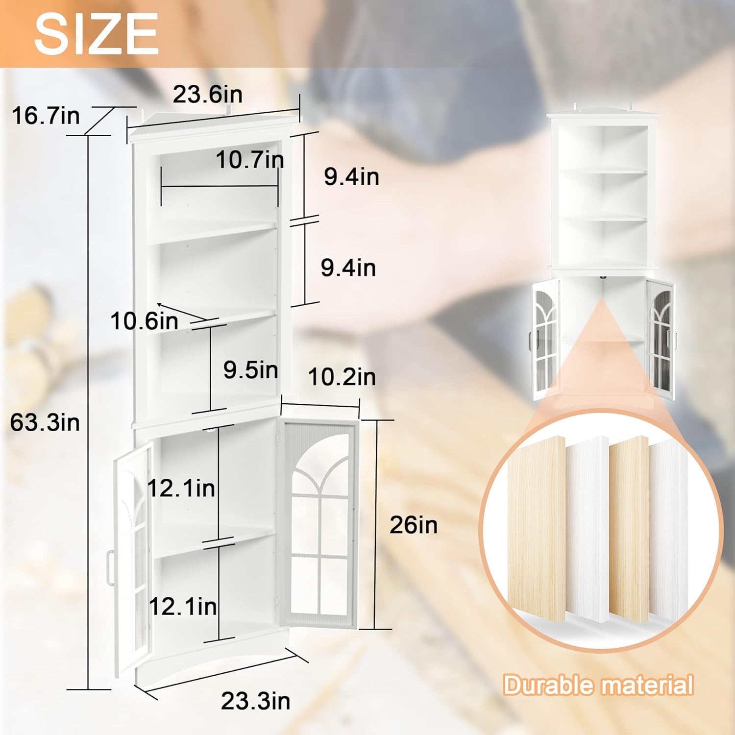 Corner Storage Cabinet, 65" Tall Freestanding Cabinet with Glass Doors & Adjustable Shelves, 5-Tier Corner Display Cabinet for Living Room, Home Office, Bedroom