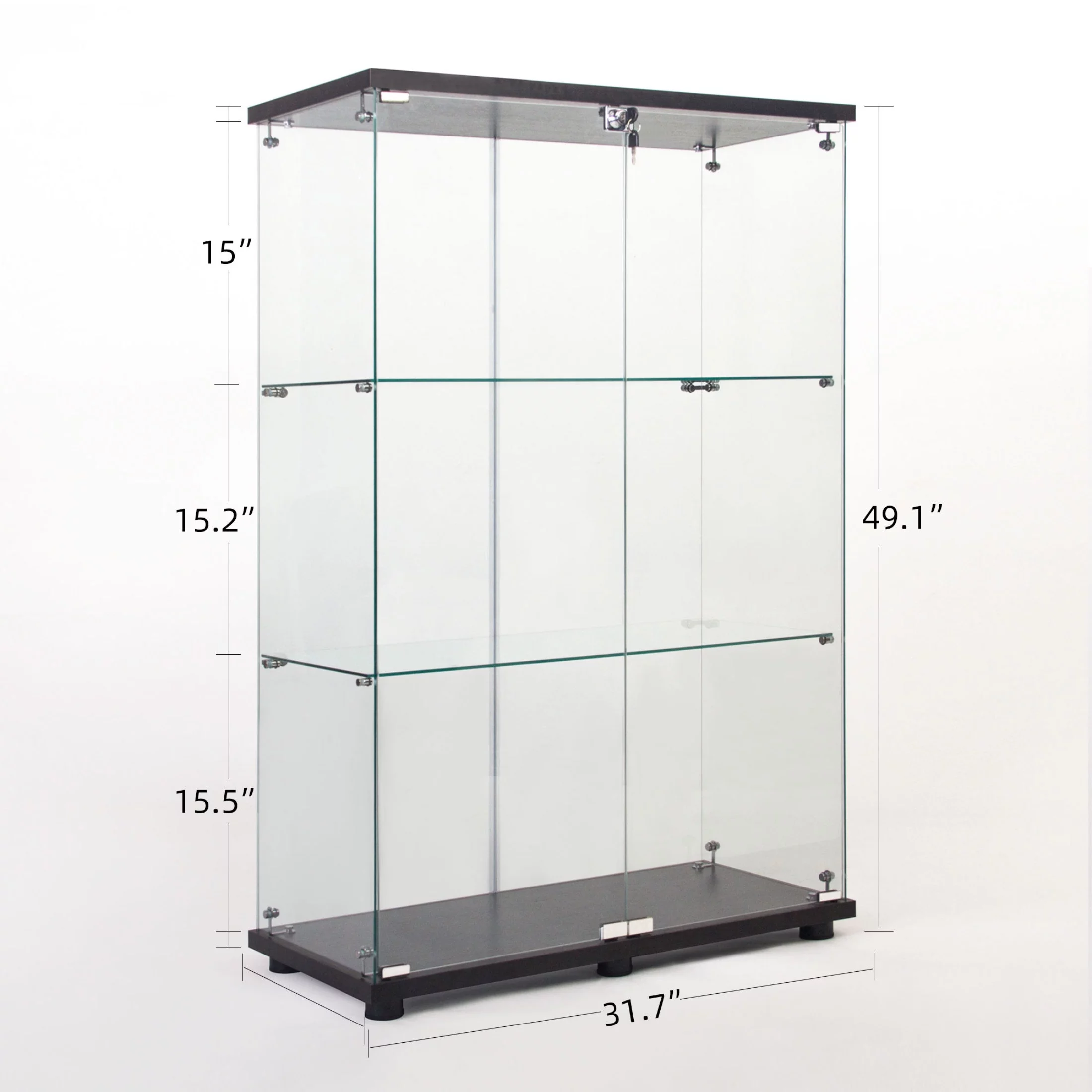 Two-door 3 Shelves Glass Display Cabinet with Door, Floor Standing Curio Bookshelf for Living Room Bedroom Office, 49.49” x 31.77”x 14.37”, Black