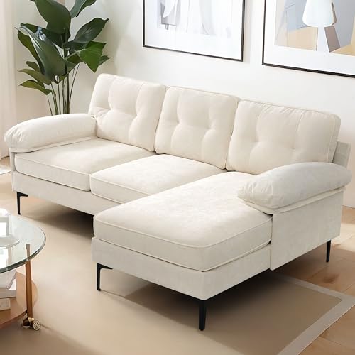 COHOME 83in L-shaped Couch, Chenille Upholsted Sofa with Reversible Chaise,3-Seat Couch for Living Room, Convertible Sectional Couch with Removable Covers,Grey