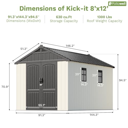 Patiowell 8 x 12 FT Plastic Outdoor Storage Shed with Floor, Resin Shed with Window and Lockable Door for Garden, Backyard, Tool Storage Use, Easy to Install in Beige (Kick-it Shed)