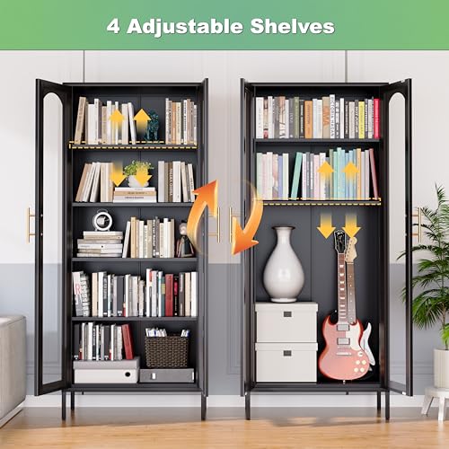Metal Storage Cabinet, 71" Tall Black Display Curio Glass Storage Cabinet with Glass Doors and 4 Shelves, Storage Cabinet for Kitchen Pantry,Home Office, Living Room (71" Tall Cabinet)