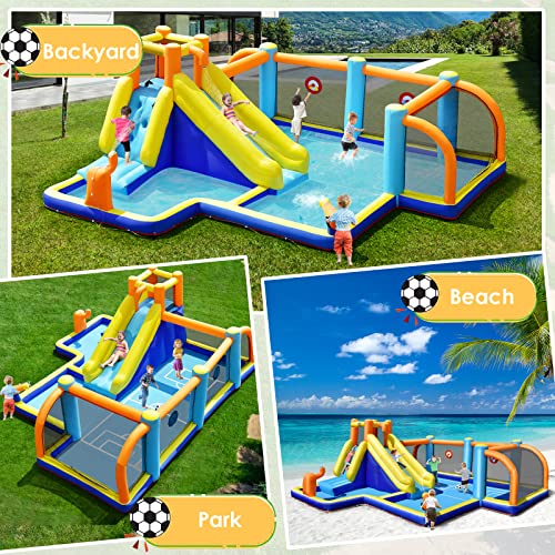 GLACER Inflatable Water Slide, 8-in-1 Blow Up Waterslide with Soccer Zone, Climbing Wall, 2 Water Cannons and Target Game, Water Bounce House with Carry Bag for Kids and Adults (with 735W Air Blower)