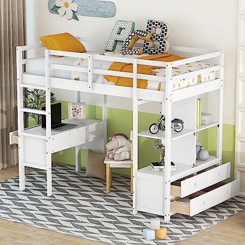 Twin Loft Bed, Saving Space Beds Frame with Desk, Storage Shelves, Drawers, Ladder, Guardrail, Solid Wood Loft Bed, Bedroom Furniture for Living Room Kids Teens Bedroom