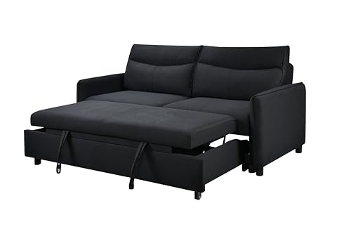 3 in 1 Convertible Sleeper Sofa Bed, Modern Fabric Loveseat Futon Sofa Couch Pullout Bed, Small Love Seat Lounge Sofa w/Reclining Backrest, Furniture for Living Room, Grey (Black)
