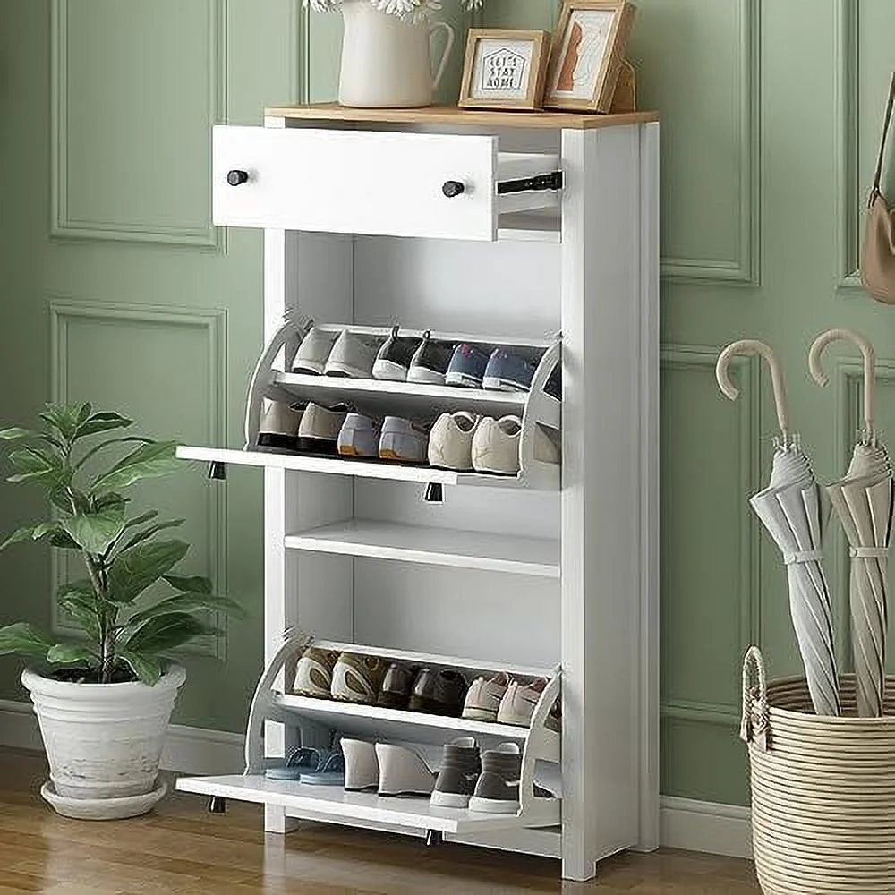 HOOMHIBIU Slim Shoe Cabinet with 2 Flip Drawers White Narrow Wall Hidden Shoe Cabinet  Freestanding Shoe Rack  Cabinet Organizer for Entrance Hallway White