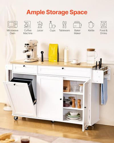 VEVOR Kitchen Island Cart with Solid Wood Top, 35.4" Width Mobile Carts with Storage Cabinet, Rolling Kitchen Table with Spice Rack, Towel Rack, and Drawer, Portable Islands on Wheels, White