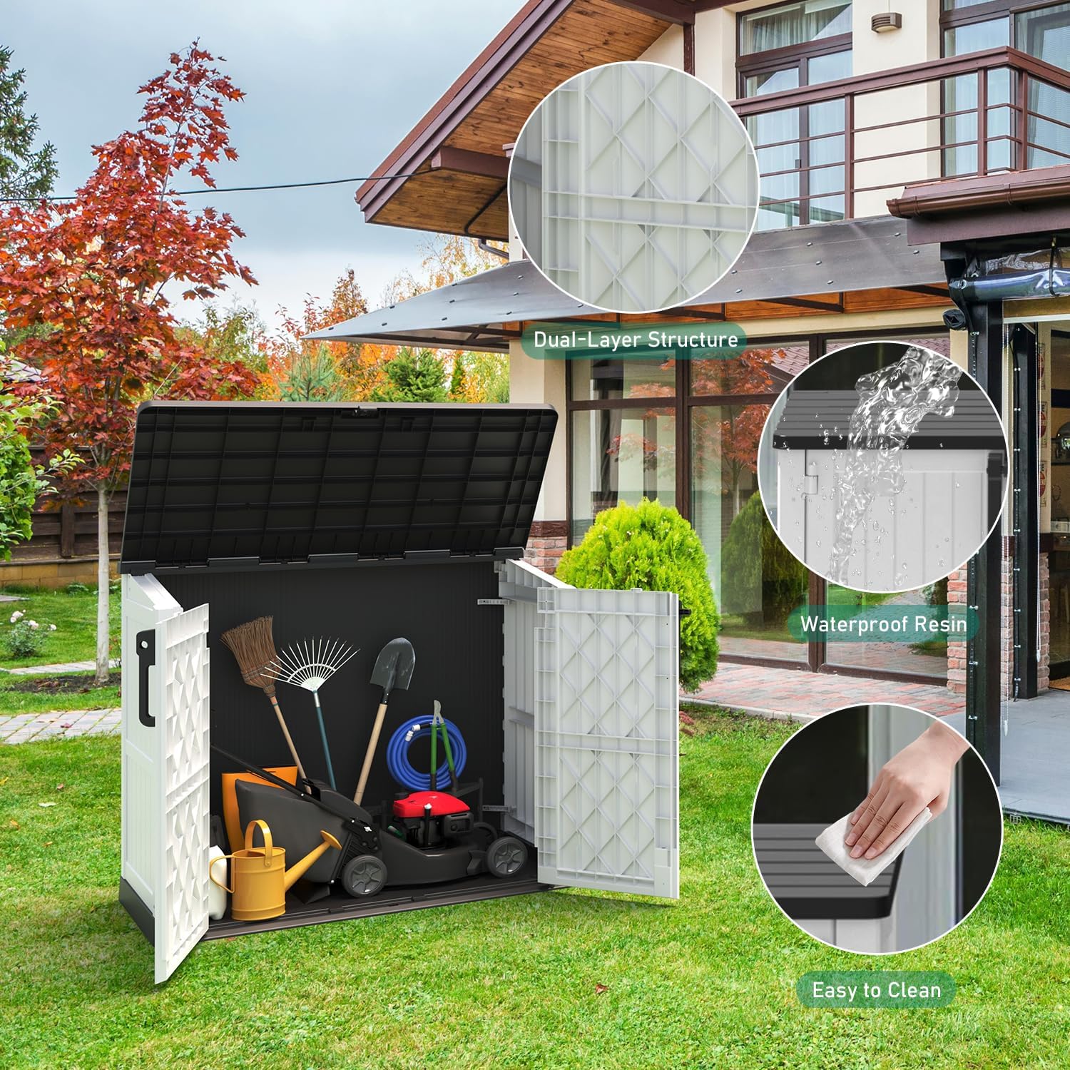 Outdoor Storage Shed 36 Cu. Ft.Horizontal Garden Storage Extra Large Capacity Weather Resistant Storage Box, Lockable Resin Waterproof Shed for Bike, Garbage Cans, Lawnmowe, Garden Tools