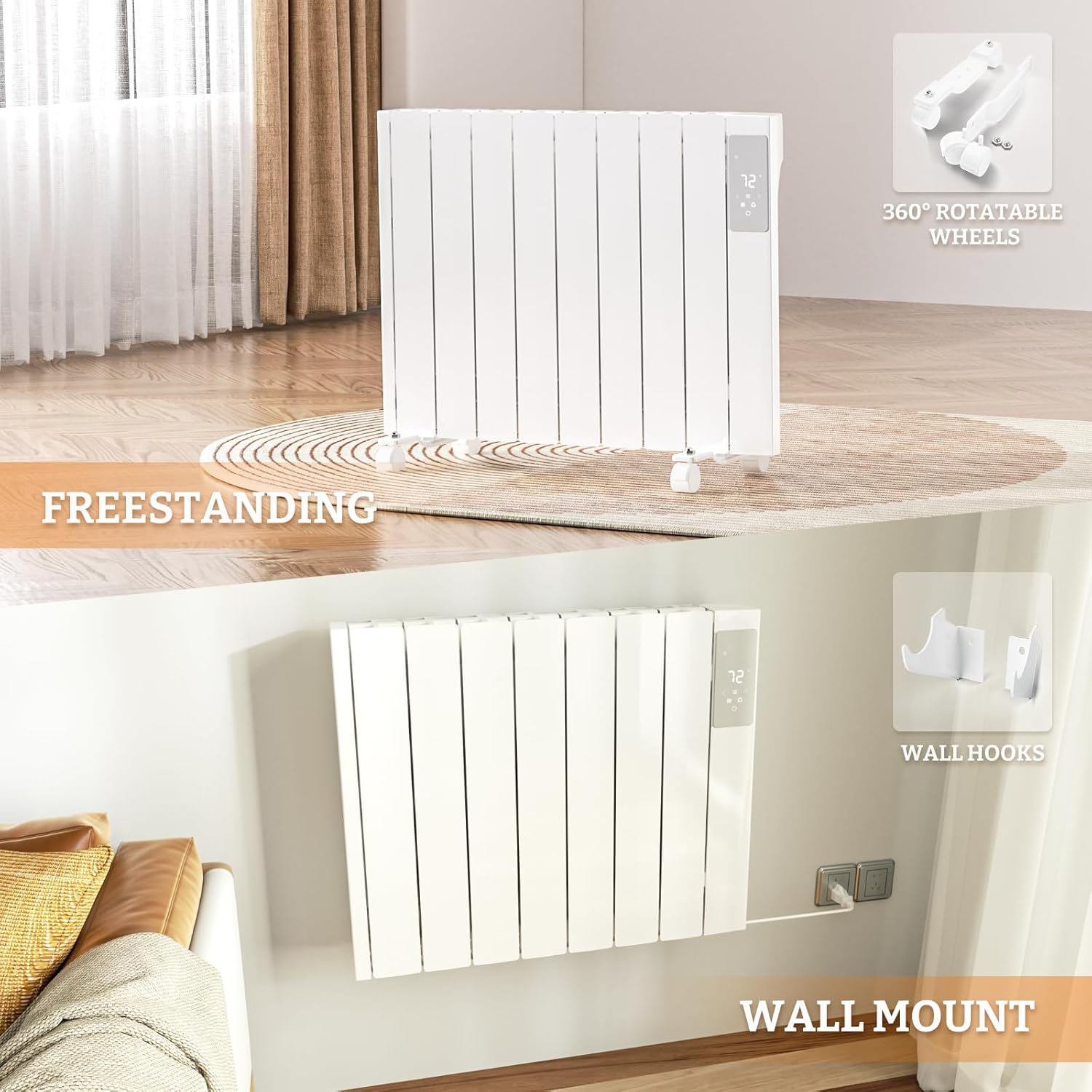 1500W Panel Heater - Electric Wall/Freestanding Aluminium Radiator/LED Display, Adjustable Thermostat, Timer & Safety Protection for Indoor Use in Living Room/Bedroom/Bathroom - White…