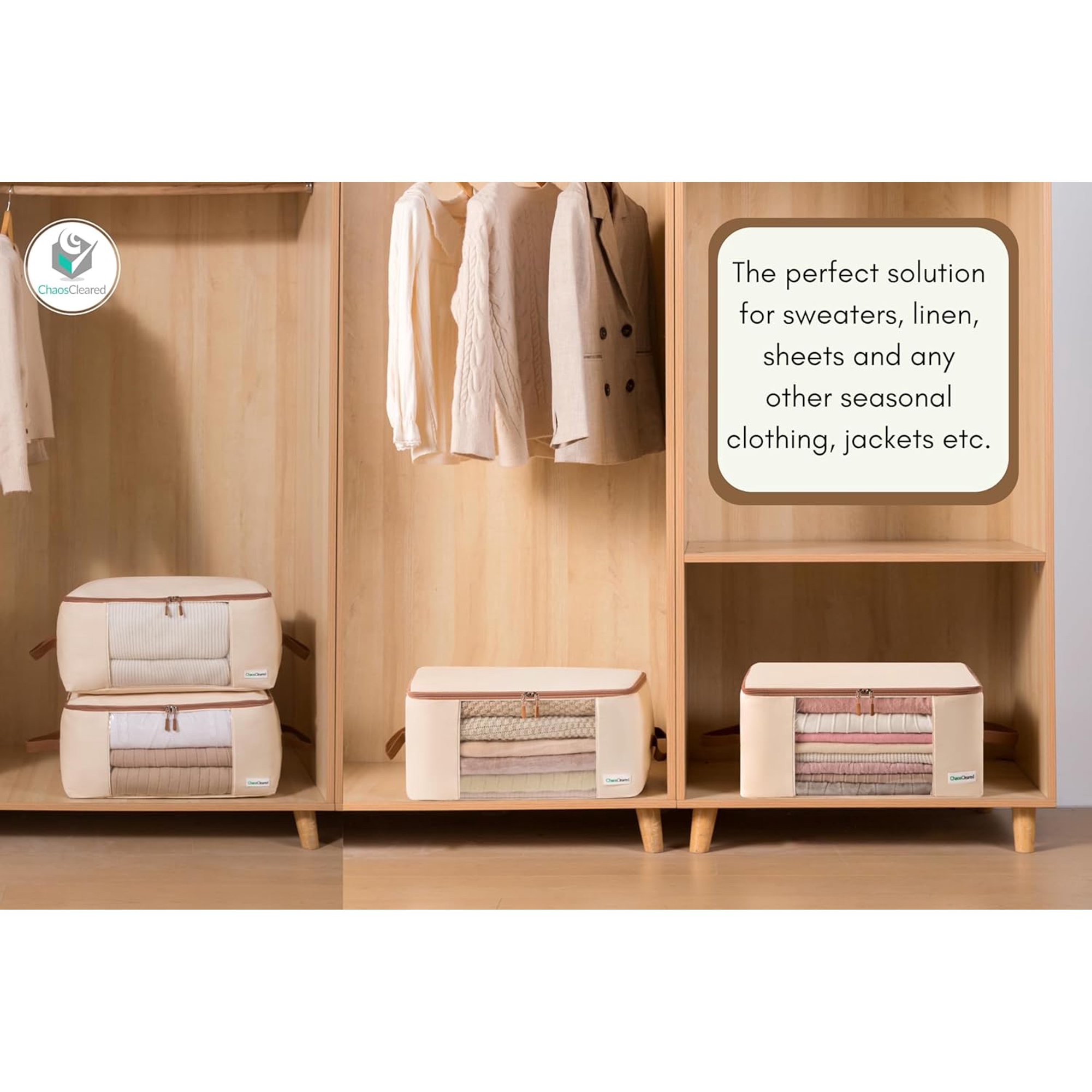 Canvas Clothing Storage 2 Bags Clothes Organizer folding fabric bags for sweaters, clothing, garment, bedding, quilt, linens, large folding organizers with zip &amp; window, mothproof underbed space save