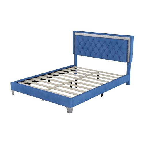 Modern 3-Pieces Bedroom Sets, Queen Size Upholstered Platform Bed with Crystal Tufted Headboard and 2 Nightstands, Sturdy Slats Support for up to 700lbs (Grey-3vs)