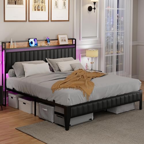IDEALHOUSE Queen Bed Frame with Charging Station, LED Bed Frame with Storage Headboard, Upholstered Platform Bed Frame, No Box Spring Needed, Easy Assembly, Black
