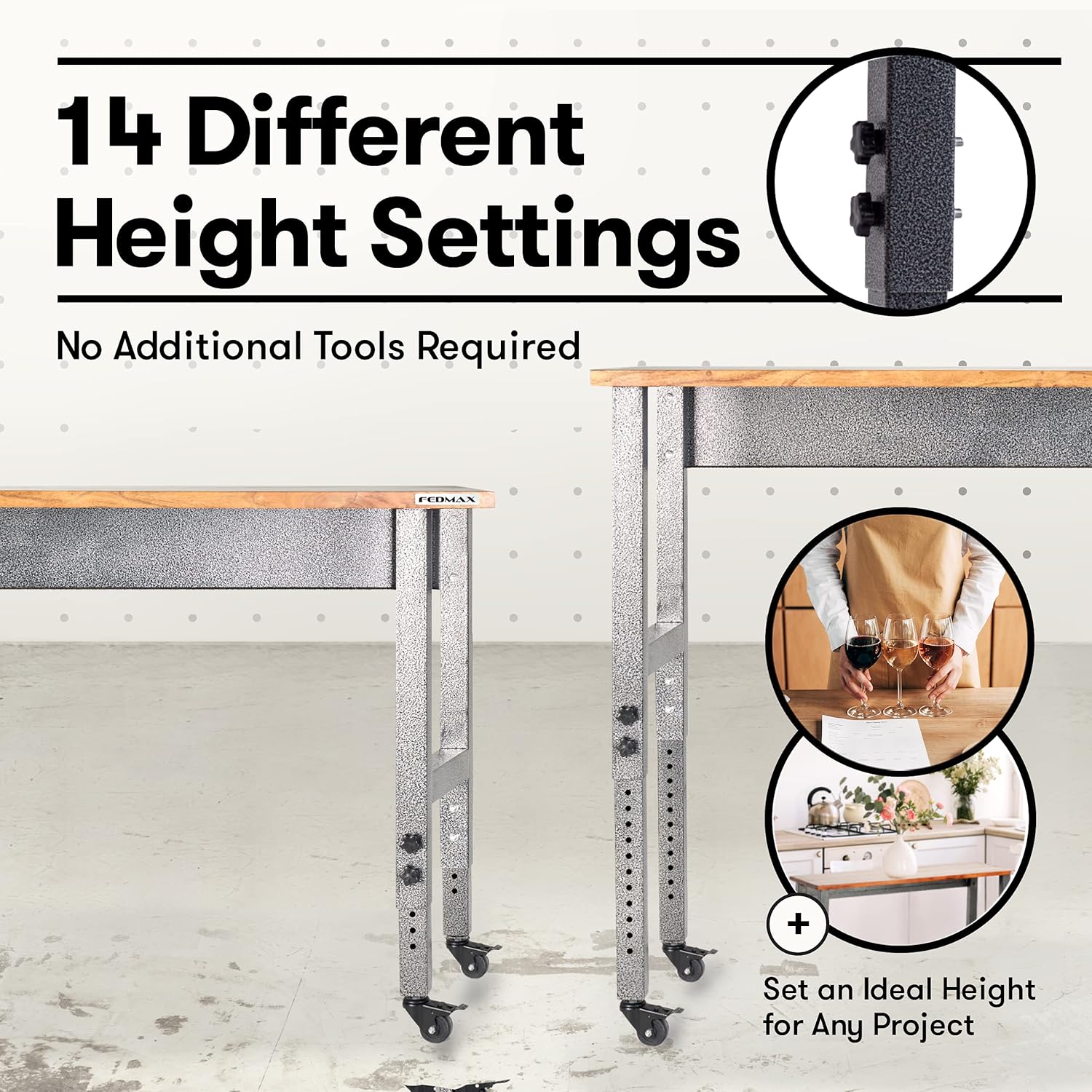 Fedmax Work Bench - 61-inch x 28 to 44-inch Acacia Wood Garage Work Table with Caster Wheels and Adjustable Height Legs - Tool Benches for Home Improvement