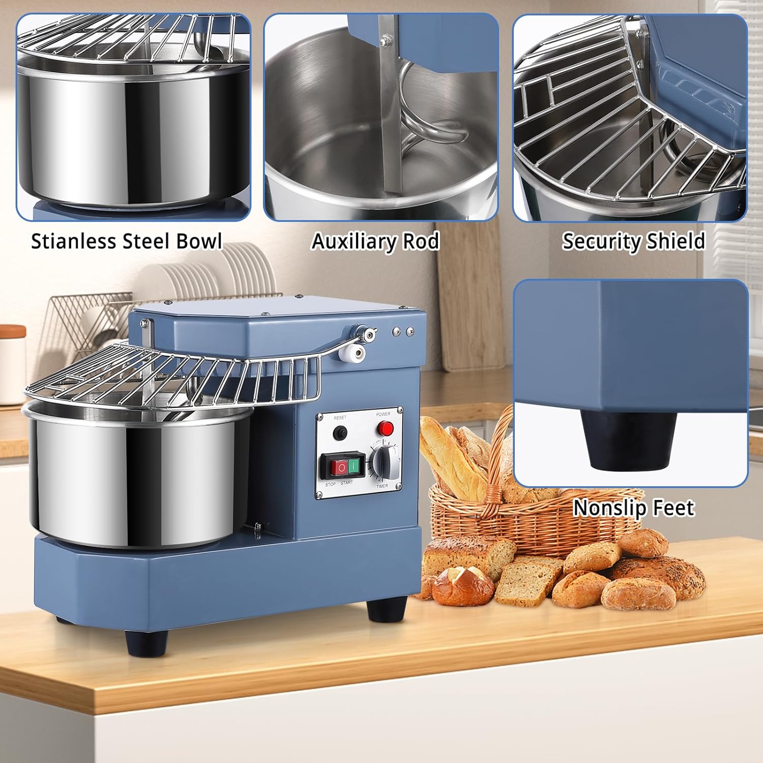 Commercial Dough Mixer 8.5Qt, 450W Dual Rotating Dough Kneading Machine with Food-grade Stainless Steel Bowl, Security Shield & Timer, Electric Spiral Mixer for Restaurant Bakery Pizzeria