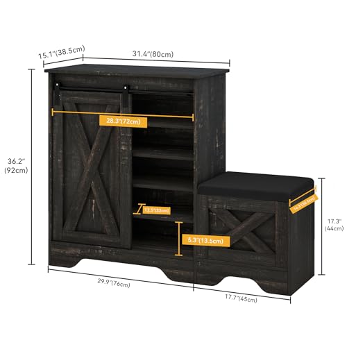 DWVO Farmhouse Shoe Cabinet with Sliding Door & Shoe Bench, 5-Tier Shoe Storage Cabinet with Adjustable Shelves for 20 Pairs, Narrow Shoe Cabinet for Entryway, Hallway, Living Room (Dark Rustic Oak)