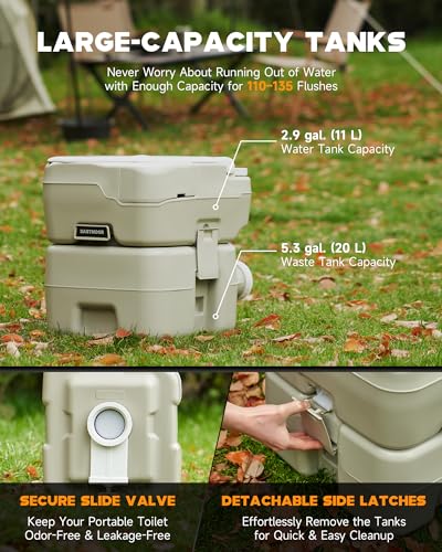 DARTMOOR Portable Toilet, 5.3 gal. RV Toilet for Camping, Outdoor Toilet with Diagonal Seating Storage Box & Built-in Handle, Lightweight HDPE Camping Toilet for Construction Site Road Trip Boating