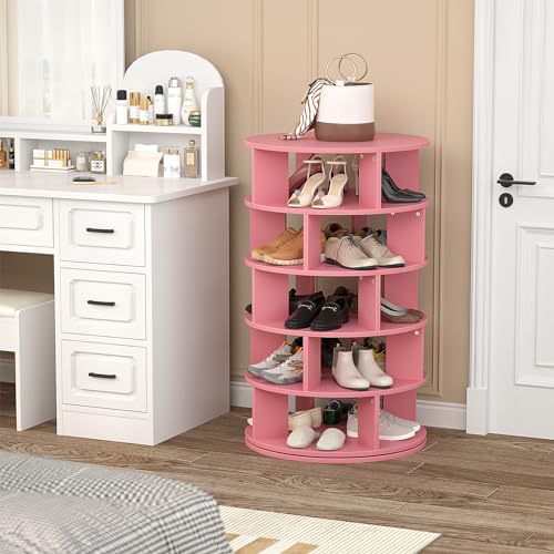 Aheaplus Rotating Shoe Rack, 5-Tier Wood Shoe Organizer for Closet, 360° Spinning Shoe Rack Tower Space-Saving Shoe Storage Shelf for Entryway, Garage, Bedroom, Pink
