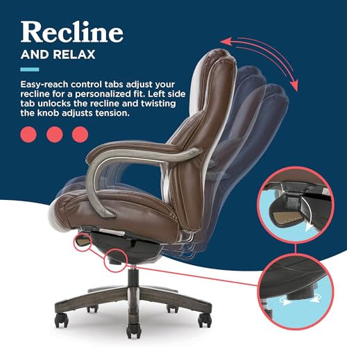 La-Z-Boy Delano Big & Tall Executive Office Chair, Ergonomic Mid-Back Body Pillow Lumbar Support, ComfortCore Memory Foam Cushion, Mahogany Wood Arms & Swivel Base, Bonded Leather, Chestnut Brown