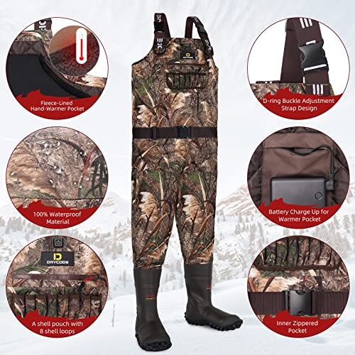 DRYCODE Chest Waders for Men with 1600g Boots, Waterproof Fleece-Lined Insulated Wader with Boot Hanger for Hunting