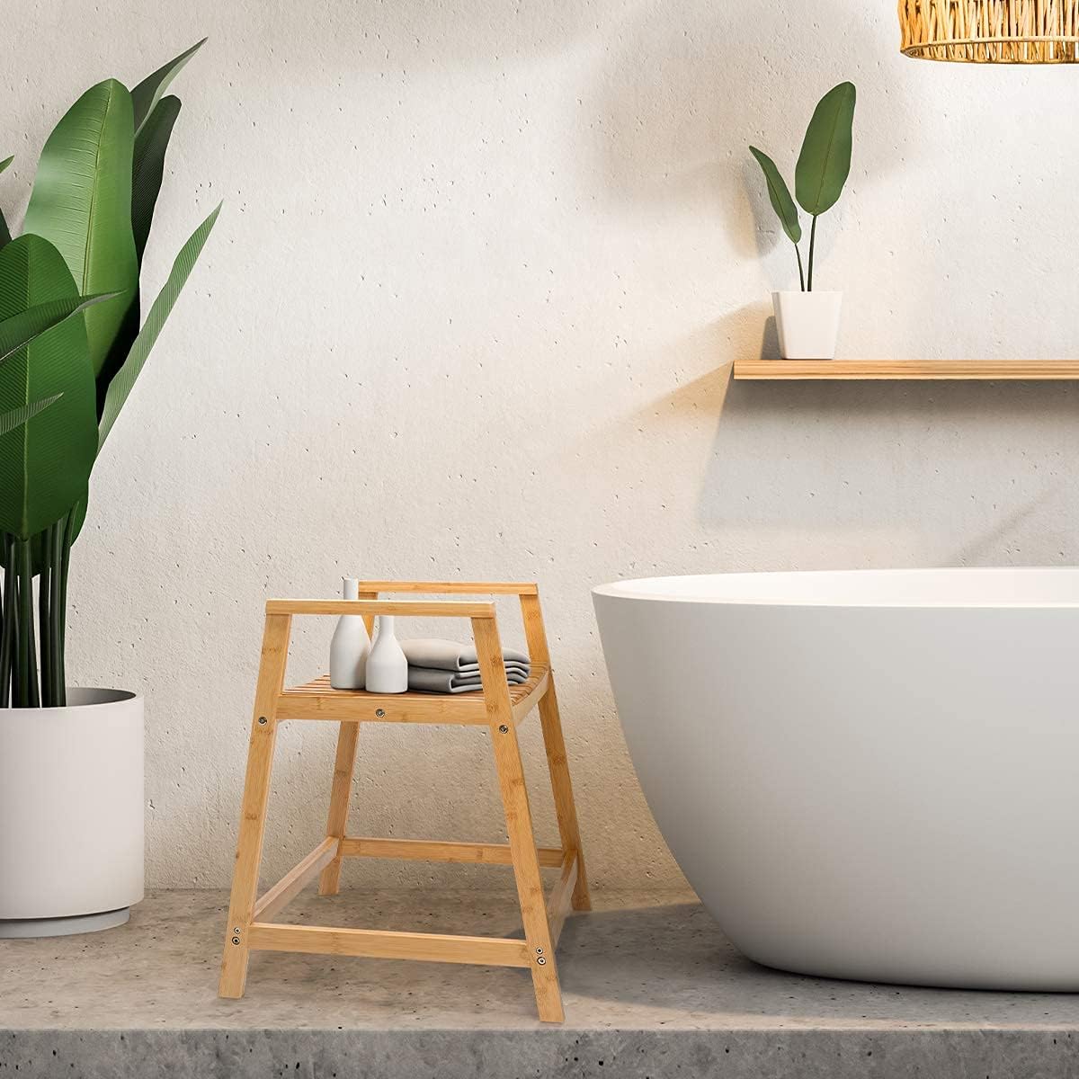 OasisSpace Bamboo Shower Bench - Waterproof Shower Chair Seat Stool with Arms, Wooden Spa Bath Organizer Seat, Perfect for Indoor or Outdoor