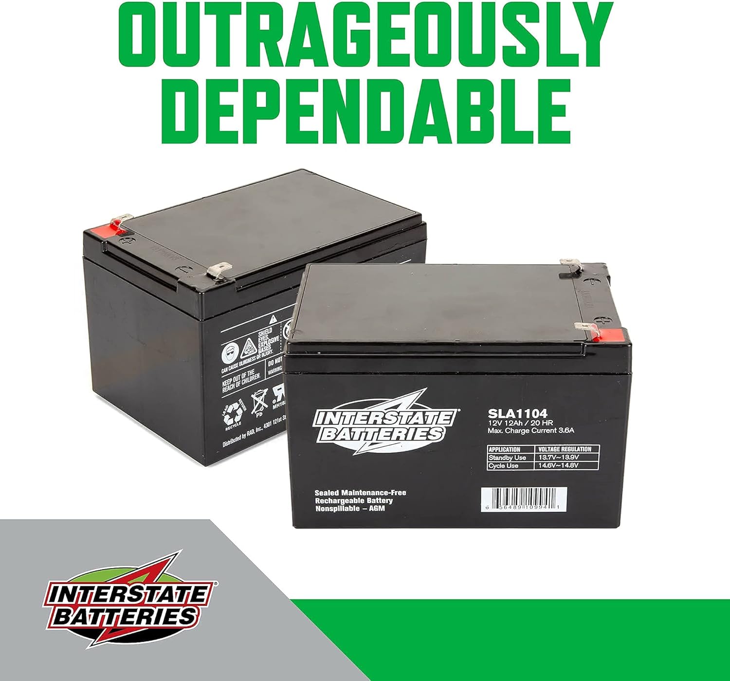 Interstate Batteries 12V 12Ah Battery (SLA1104) Sealed Lead Acid Rechargeable SLA AGM (F2 Terminal) Electric Fences, Generators, Medical Devices Pack of 2