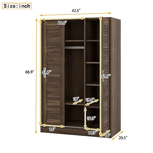 3 Door Wardrobe Armoire Closet with Sliding Doors and Storage Shelevs Freestanding Wardrobe Cabinet with Hanging Rod Clothes, Cabinet Organizer for Bedroom, 20.5"D x 42.5"W x 66.9"H (Wulnut)