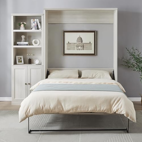 Murphy Bed,Cabinet Bed Folding Wall Bed,Queen Size Murphy Wall Bed with 1 Side Cabinet Storage Shelf,Cabinet Space-Saving Bed Perfect for Guest Room,Bed Room,Guest Room,Home Office (Rustic White-03)