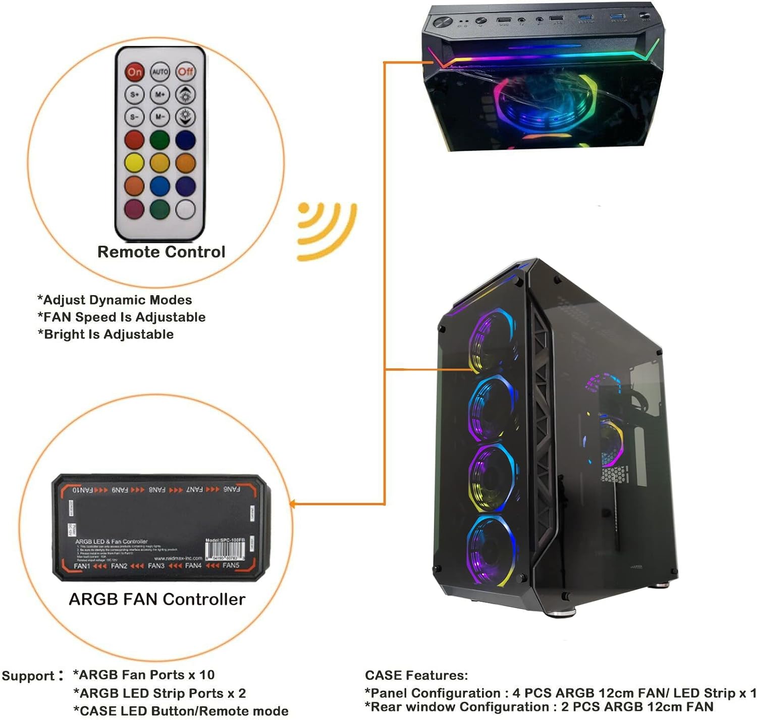 A17 Series Phoenix Full-Tower E-ATX/ATX/M-ATX Computer Gaming Case with 3-Sided Reinforced Glass, USB 3.0, 6 ARG Light-Emitting 12cm Fans with 1 ARGB Fan Controller