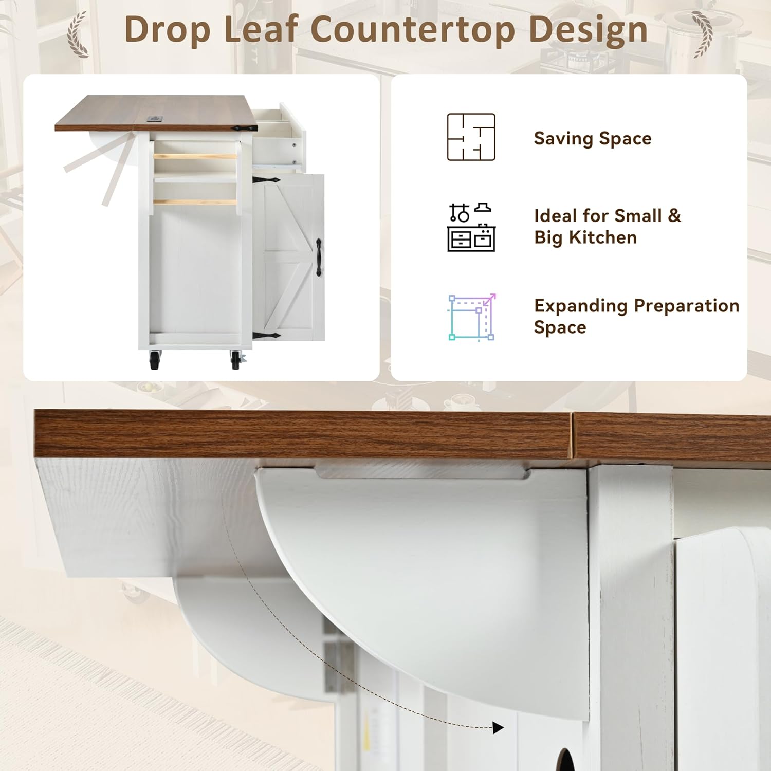 53.5''Farmhouse Kitchen Island with Power Outlet, Kitchen Storage Island with Drop Leaf, Spice Rack and Drawer, Rolling Kitchen Cart on Wheels, for Home, Kitchen and Dining Room, White