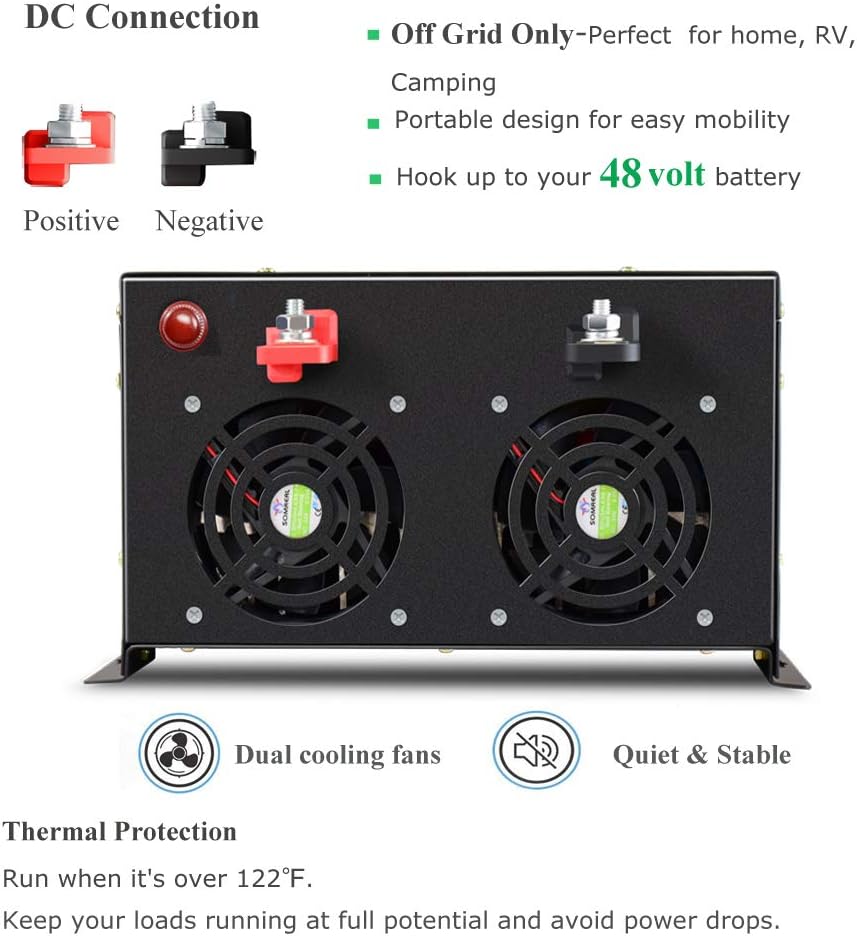 Reliable 8000W Continuous Power Heavy Duty Pure Sine Wave Power Inverter DC 48V to AC 120V with 4 AC Outlets Remote Control 66A Hardwire Terminal and LED Display for RV Car Solar System Emergency