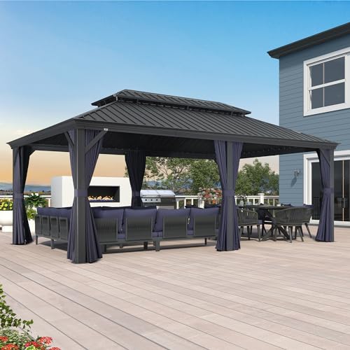 PURPLE LEAF 10' X 14' Permanent Hardtop Gazebo Aluminum Gazebo with Galvanized Steel Double Roof for Patio Lawn and Garden, Curtains and Netting Included, Grey