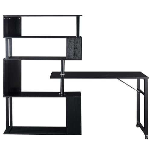 L Shaped Computer Desk Corner Table, Rotating with Bookshelf for Home Office, Lockable Casters, Modern Design, MDF and Steel Frame, Compact Desk, Easy Assembly (Brown)