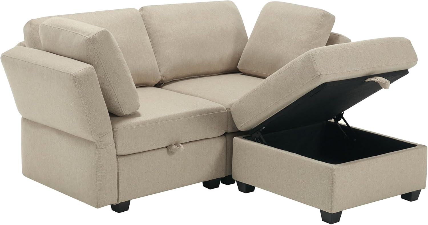 Space Saving Small Sectional Sofa with Ottoman, 2 Seater Sofa with 1 Ottoman, All Seats and Ottomans with Storage Function - Beige