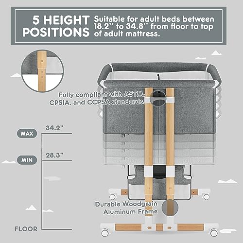 3 in 1 Baby Bassinet Bedside Sleeper, Five-Position Adjustable Bedside Crib with Storage for Newborns, Portable Bassinet with Anchor Strap (Wood Grain-Twins, Grey)