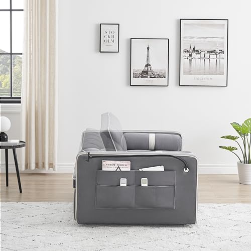 Sleeper Sofa Couch w/Pull Out Bed, 55" Modern Velvet Convertible Sleeper Sofa Bed, Small Love seat Sofa Bed w/Phone Holder & Pillows & Side Pockets for Small Space, Living Room, Apartment,Gray