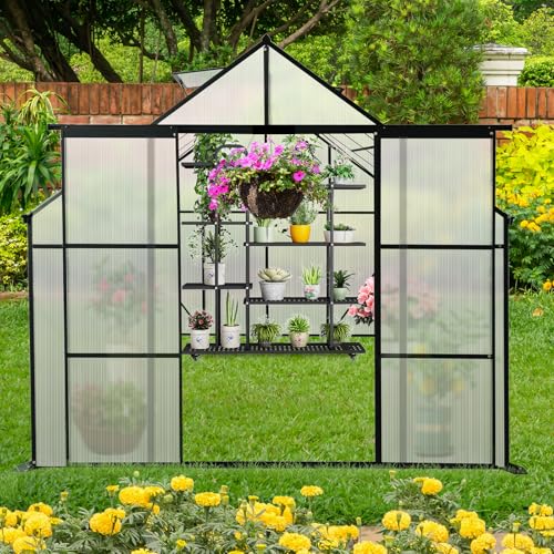 8x10FT Heavy-Duty Walk-in Greenhouse with Double Sliding Doors, Polycarbonate Panels, & Aluminum Frame, All-Season Outdoor Greenhouse with Adjustable Roof, Black