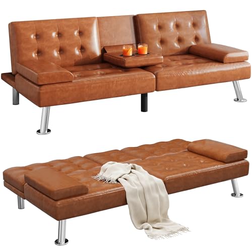 DWVO Futon Sofa Bed, Modern Folding Futon Set, Faux Leather Upholstered Modern Convertible Folding Futon Couch with Removable Armrests, Adjustable Loveseat with 2 Cup Holders for Living Room, Black